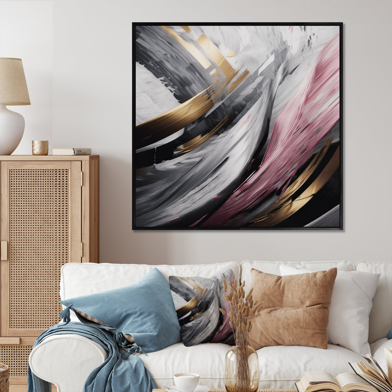 Marbre rose et doré mystérieux - décoration murale abstraite en marbre, H 16 po x l 16 po x P 1 po, Cadre flottant noir