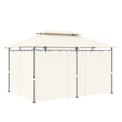 Gazebo de terrasse Outsunny 3 m x 4 m à toit double avec rideaux amovibles et structure métallique robuste, blanc crème