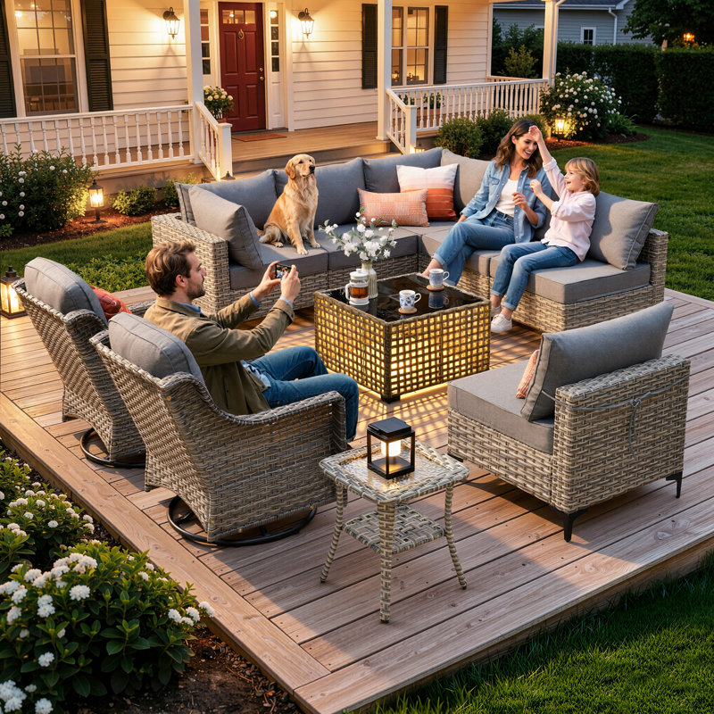 10- Piece Outdoor Patio Furniture Set, All - Weather Wicker Swivel Chairs with Thick Padded Cushions, Sectional Sofa, Coffee Table & Side Table for Garden, Backyard & Patio