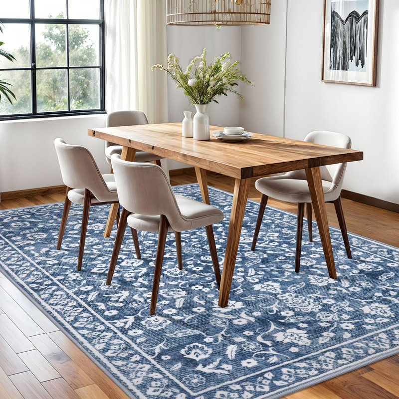 Blue Machine Washable Rugs for Bedroom Non-Slip Low Pile Throw Rugs with Rubber Backing Washable Carpet, Rectangle 6' x 9'