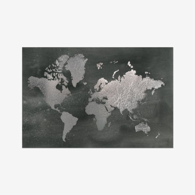 Large Silver World Map On Black Wash by Jennifer Goldberger - Painting