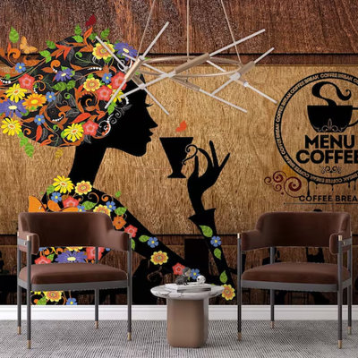 Murale artistique silhouette de femme café avec motif floral, décor de salon de café rustique