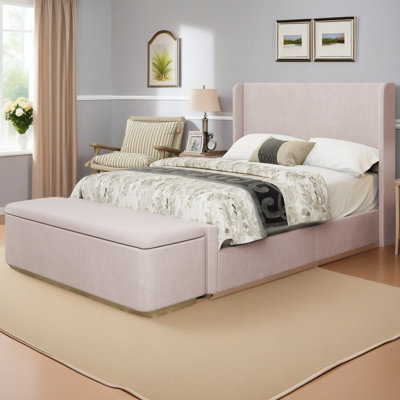 Corduroy Upholstered Bed Frame With 130L Storage Ottoman, And Vertical Stripe Wingback Headboard And High Footboard