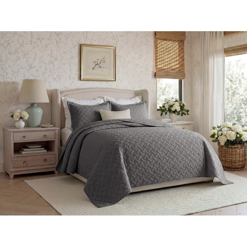 Best Seller Quilted Blanket - Textured Weave Pattern, Airy Lightweight Bed Covering,85gsm, Twin Quilt + 1 Standard Sham, Gray