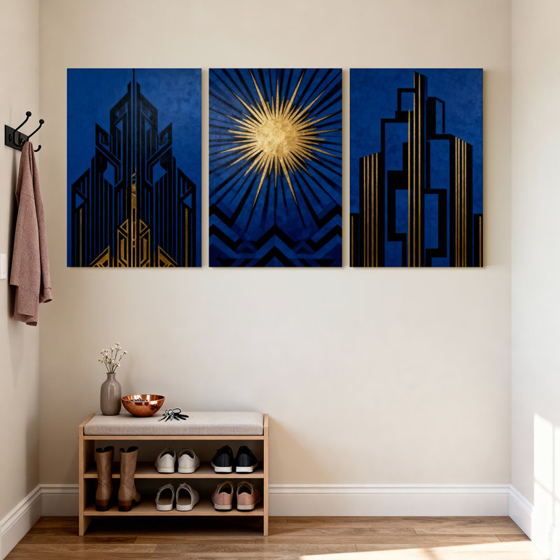 Abstrait art déco soleil urbain, ensemble de 3 impressions sur toile, H 30 po x l 60 po