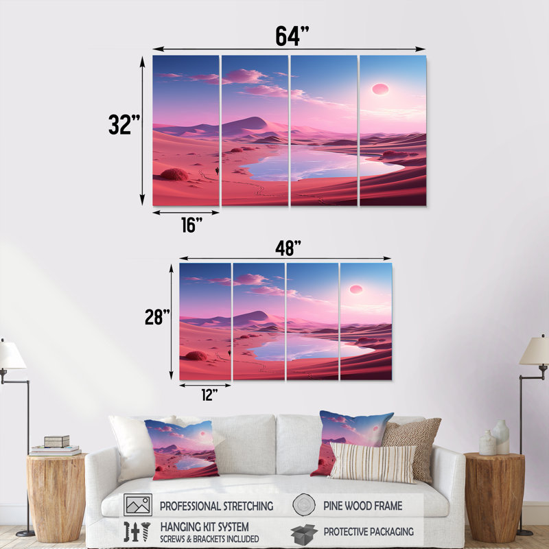 «Space Dreamscape Roseat Sky II - Desert», art mural 4 pièces pour le salon, H 32 po x l 64 po