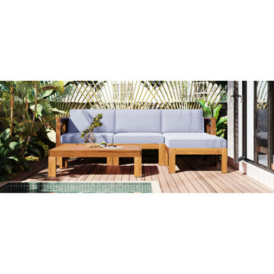 TOPMAX Outdoor Backyard Patio Wood 5-Piece Sectional Sofa Seating Group Set With Cushions, Natural Finish+ Gray Cushions