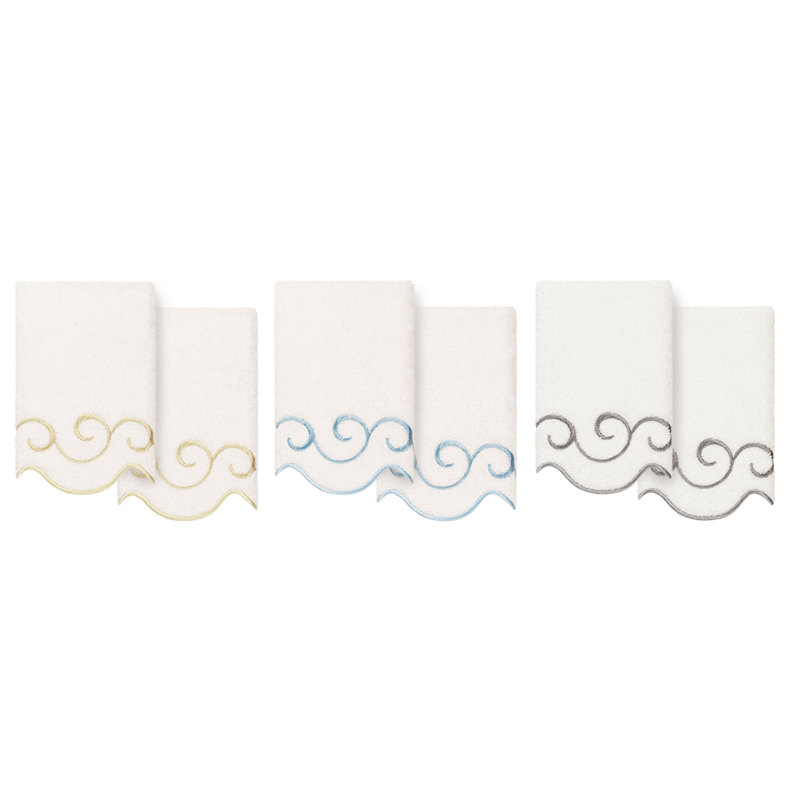  100% Turkish Cotton SIMPLICITY Scallop 2PC Embellished Fingertip Towel Set, White/Beige, Fingertip Towel - 2 Pack