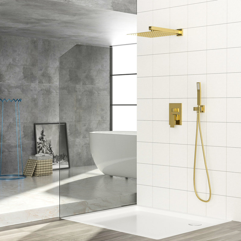 Gold Wall Mounted Shower With 12 Inch Dual Heads. -balanced Valve For Smooth Water Flow. Rainfall Head Refreshing Shower. Easy Installation And Clean. Includes Arm, Handheld, Hose, Holder, &