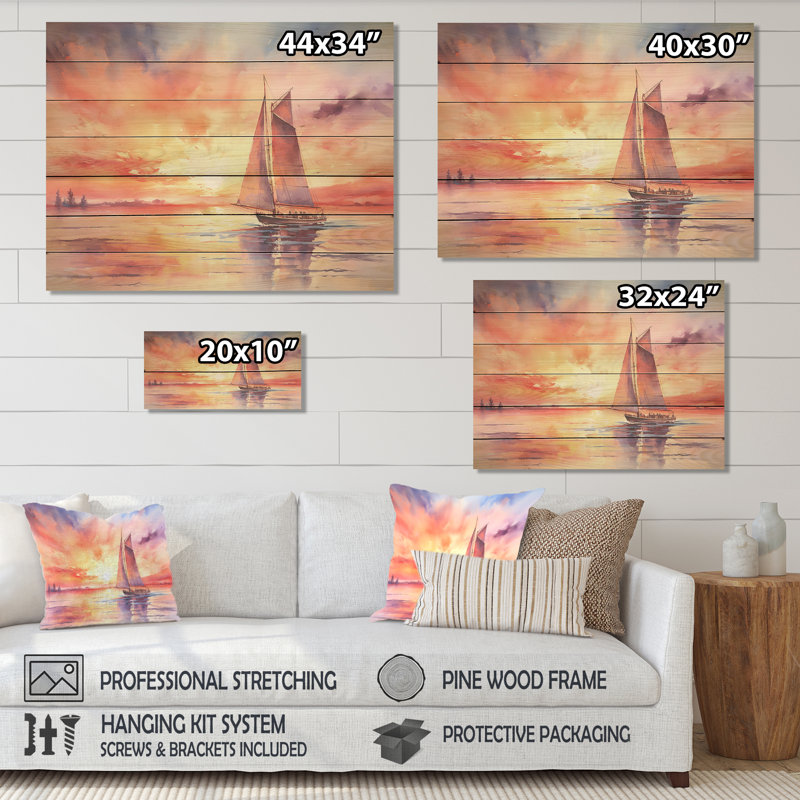 «Pastel Colours Sailboat Sunset II - Bateau à voile sur bois», H 10 po x l 20 po