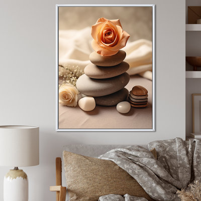 «Pink Rose on Zen Stone Cairn Sculpture», reproduction sur toile