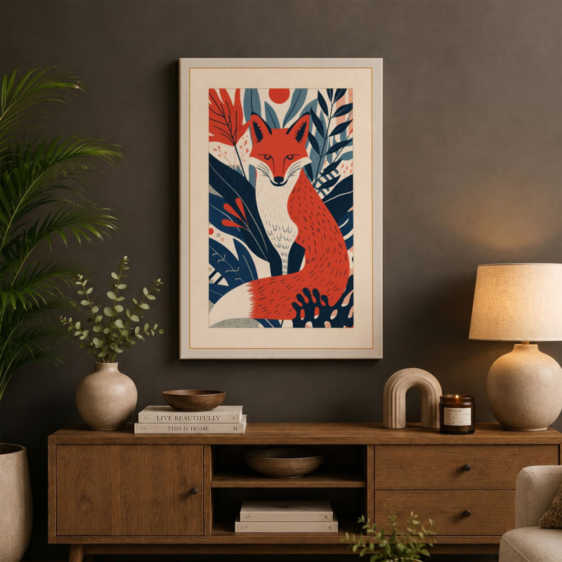 Fox in Foliage Boho 1 Piece Wrapped Canvas Wall Art, 36x24 - 91.4 x 61.0 cm, Taupe Border