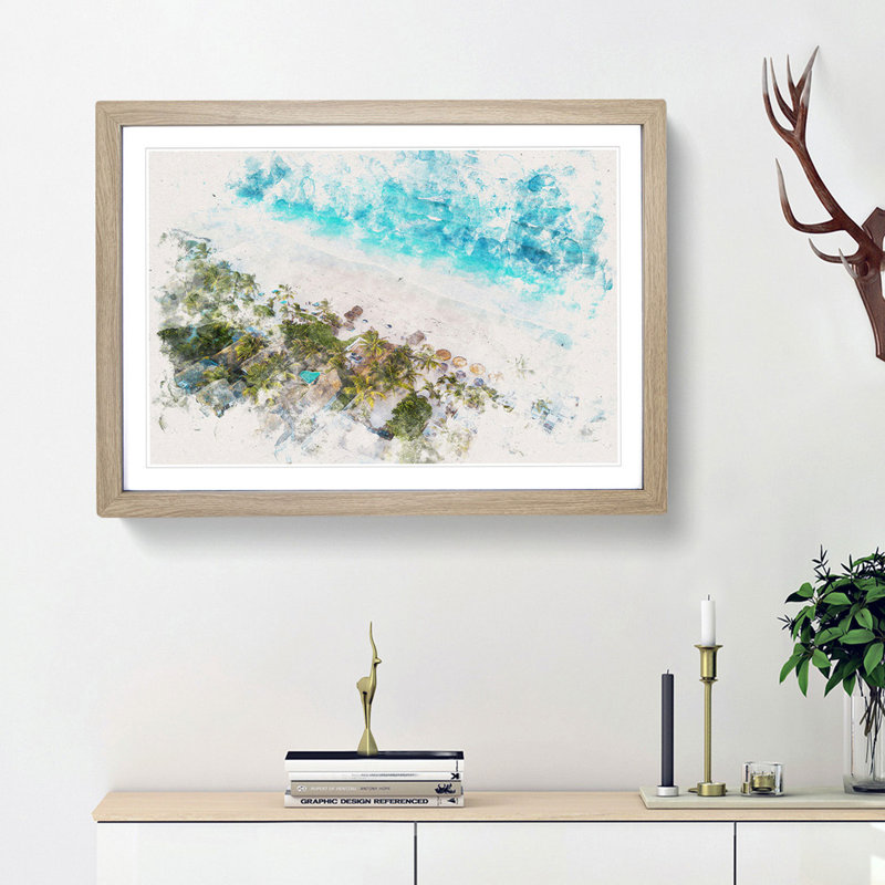 Washed Up In Tulum Mexico Watercolour - Framed Print, 33cm H x 45cm W x 2cm D, Oak