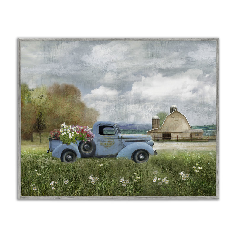Camion bleu rétro vintage avec bouquet de fleurs et ciel nuageux par Nan - Peinture, H 30 po x l 24 po, Gris