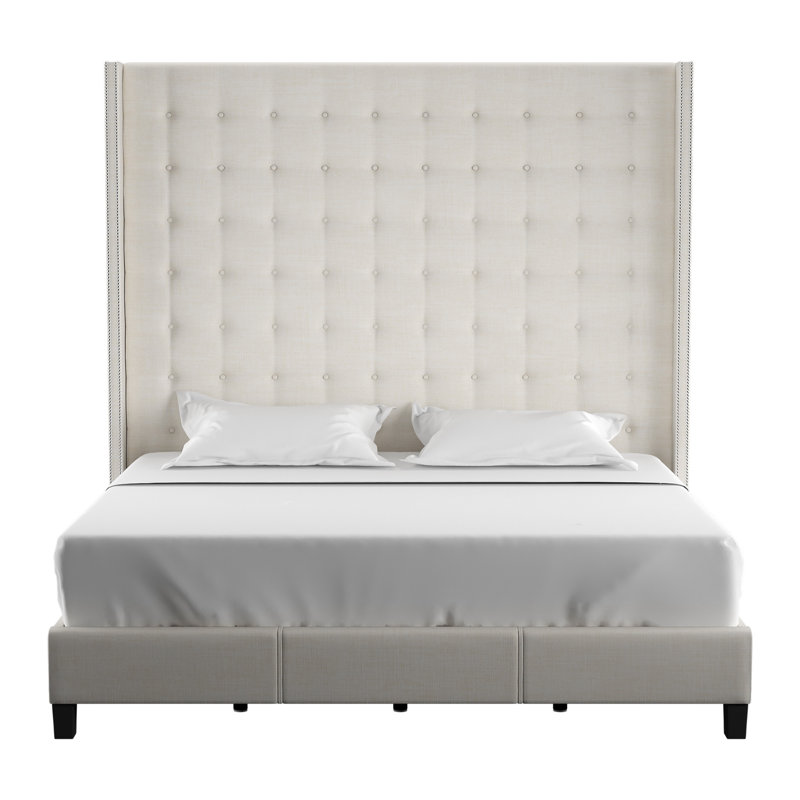 Kaster Upholstered Wingback Bed, King, White Linen