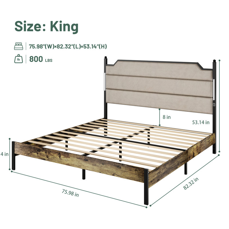King Size Bed Frame With Upholstered Headboard, Ports, Smart Led Lights, Wood Slats, No Box Spring Needed, Modern Design Charging Feature, Adjustable Solid Slat, Required