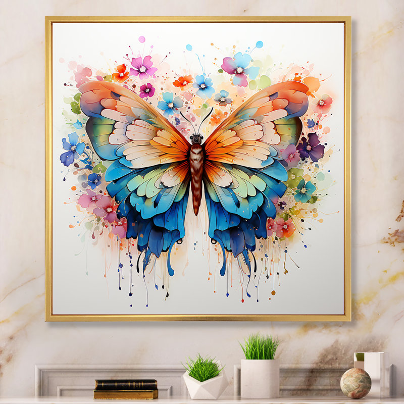 Papillon coloré II - impression d'art sur toile papillon, Cadre flottant doré, H 36 po x l 36 po x P 1,5 po