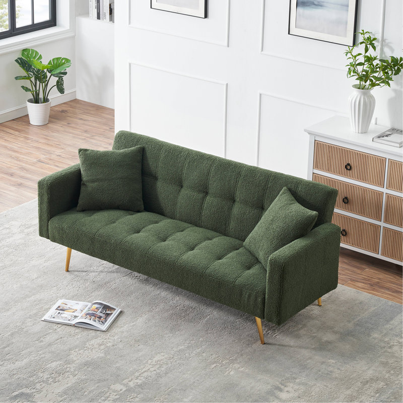 71.7 - Inch Green Teddy Fleece Sofa Bed, Accompanied By Two Charming Throw Pillows, Green