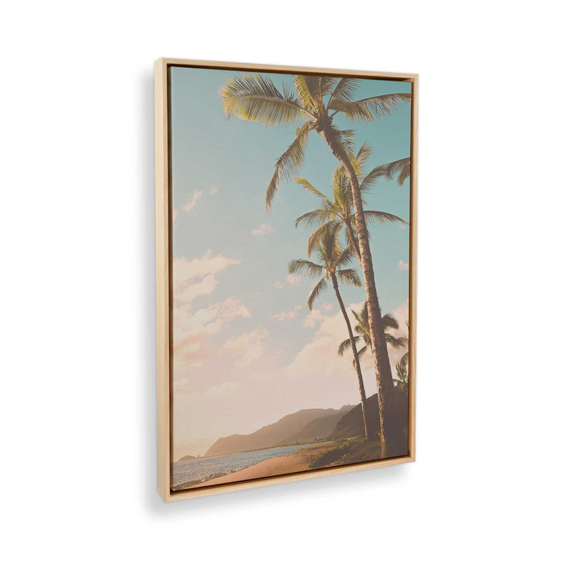 «Soft Sunset Palms», reproduction d'art sur toile, 12 po x 18 po, Cadre flottant en érable américain