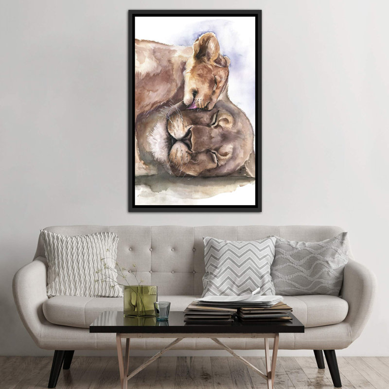 Happy Lions, art encadré, H 60 po x l 40po x P 1,5 po, Toile encadrée noire