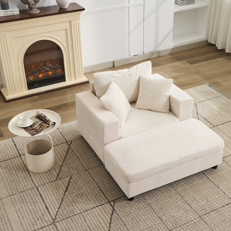 Corduroy Upholstered Sofa Lounge Chair with Removable Ottoman and Pillows, Beige, Non-Storage Ottoman
