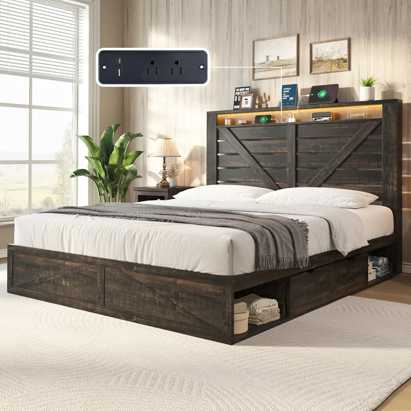 Oceant Queen Farmhouse LED Bed Frame With 4 Drawers & Open Storage Space,Black, Black