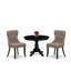 Ensemble table et chaises de salle à manger rondes 3 pièces avec piètement central, dossier capitonné et revêtement en lin et bois d'hévéa noir brossé.
