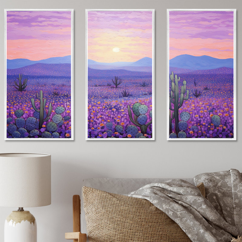 Cactus lavande paysage I - ensemble d'art mural floral cactus, Cadre flottant blanc, H 40 po x l 60 po x P 1 po