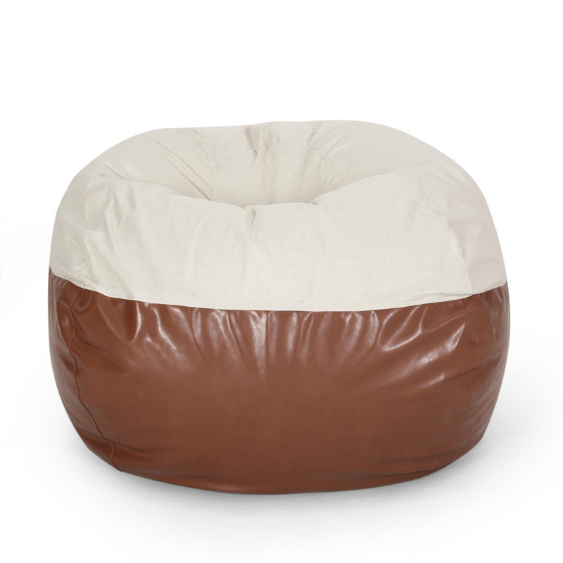 Two colour Faux Leather Rounded Bean Bag, 42" H x 52" W x 52" D, Brown/Beige Faux Leather