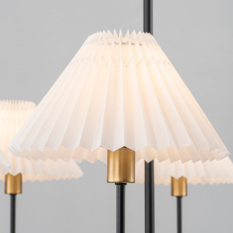 Lustre traditionnel 6 lumières avec abat-jour en tissu plissé, Noir et or