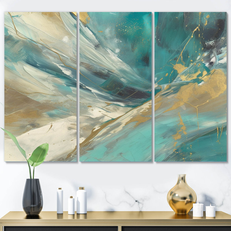Turquoise Serendipity, peinture abstraite 3 pièces, H 28 po x l 36 po x P 1 po