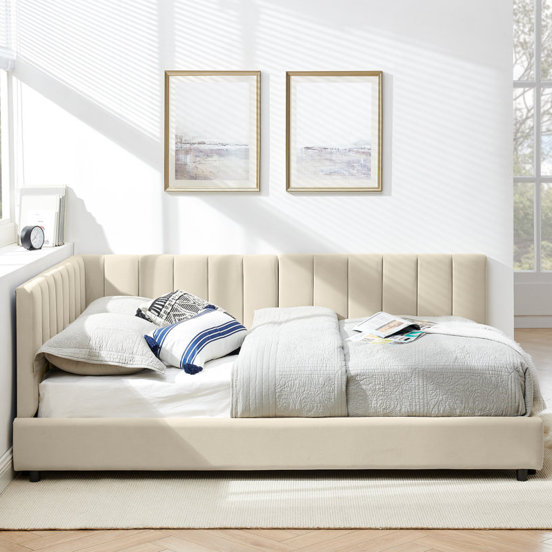 Full Size Bed, Beige Velvet With A Construction And For Bedroom Living Room Upholstered Velvet Base