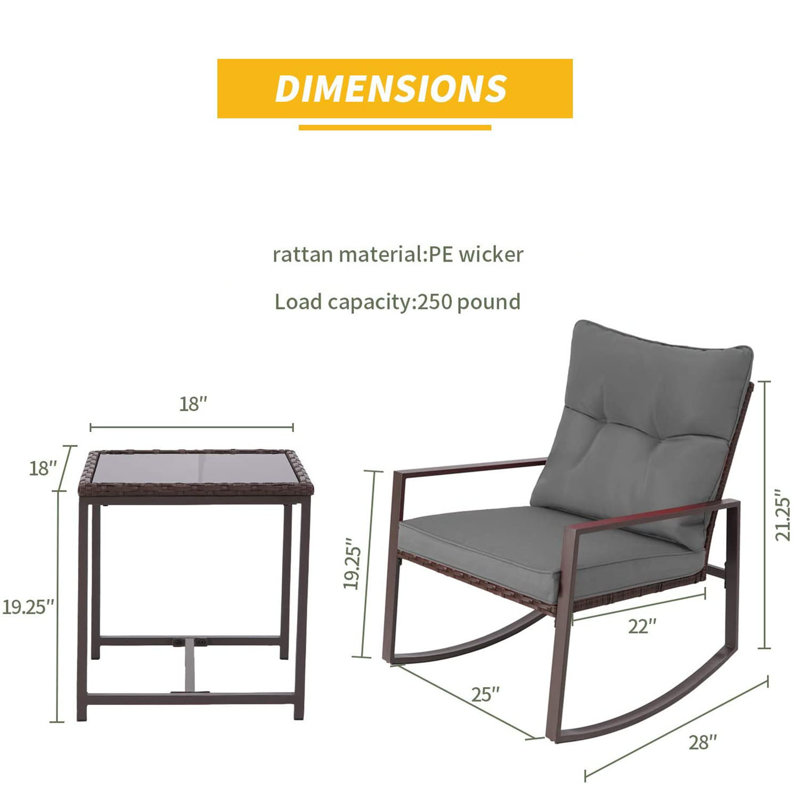 2 - Person Outdoor Dining Set, 3-Piece Outdoor Rattan Rocking Bistro Set with Cushions and Glass Coffee Table, Gray, Brown