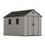Gray wood-grain pointed-roof plastic tool shed