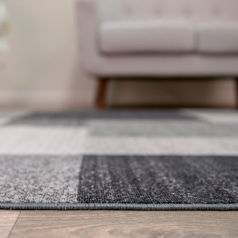 Akieba Geometric Tufted Gray/Black/Ivory Non-Slip Rubberback Area Rug, Rectangle 12' x 15'