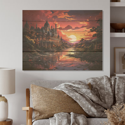 Mystery Castel With Croal Sunset - Castles Wood Wall Art On Natural Pine Wood