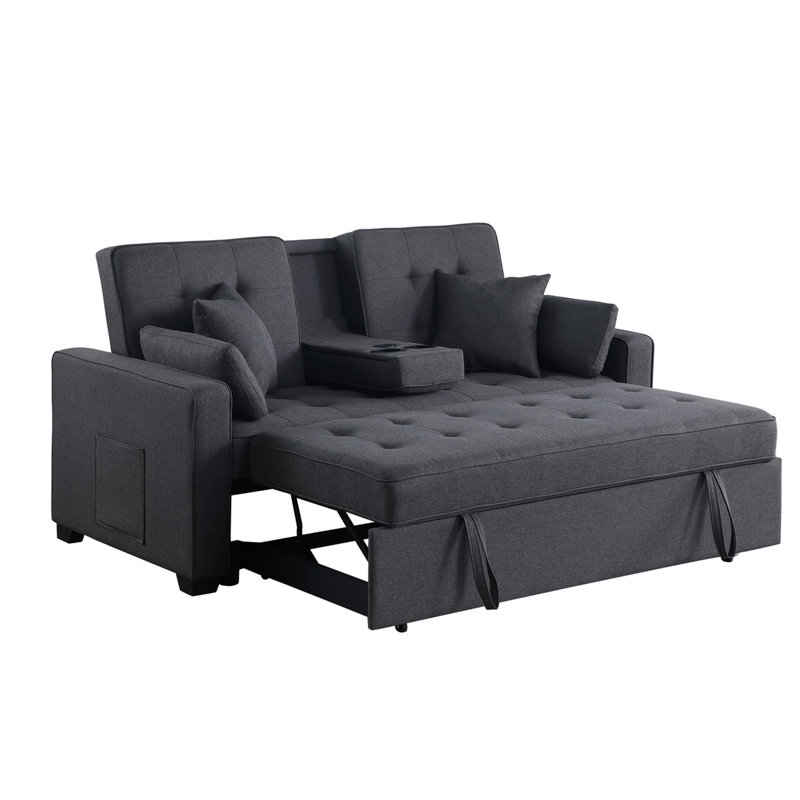 Canapé-lit convertible de 178 cm (70 pouces), lin gris foncé, poche latérale, chargeur USB-C, matelas à ressorts ensachés pour un confort optimal dans les petits espaces, pliable, console intégrée, rangement et chargeur