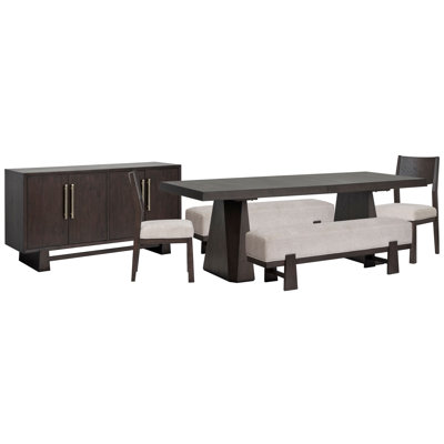 Table de salle à manger à tréteaux avec 2 bancs, 2 chaises d'appoint et un buffet
