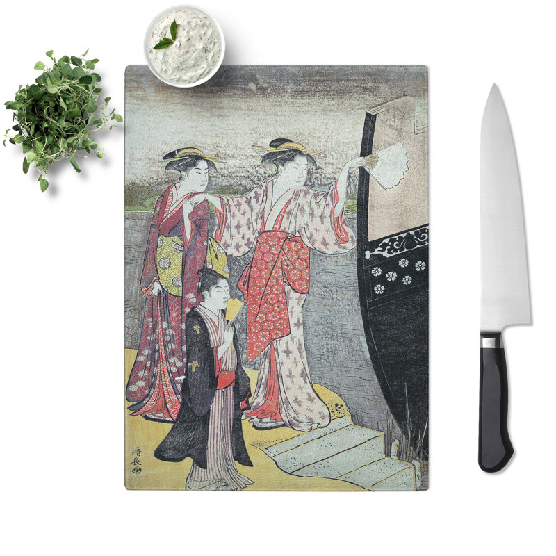 Tempered Glass Disembarking from the Boat by Torii Kiyonaga Chopping Board, 28.5cm W x 20cm L