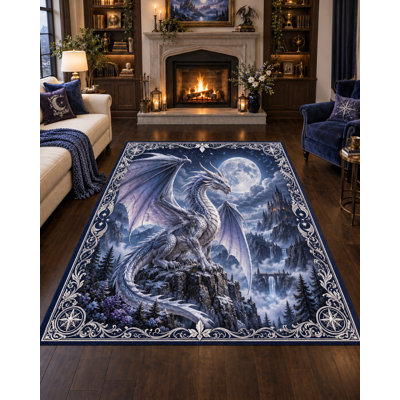 Tapis « Ultra Fin » 152 x 213 cm (5 pi x 7 pi) Dragon sous la lune d'hiver pour chambre, salon et bureau à domicile, tapis doux à poils Rassards avec dos en silicone antidérapant