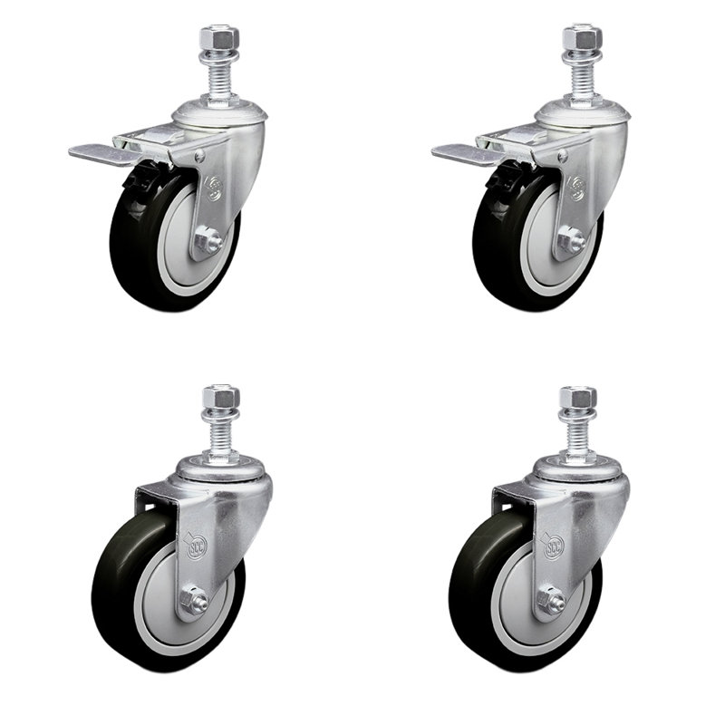 4 Inch SS Black Polyurethane ½ Inch Threaded Stem Caster Set 2 Total Lock Brake