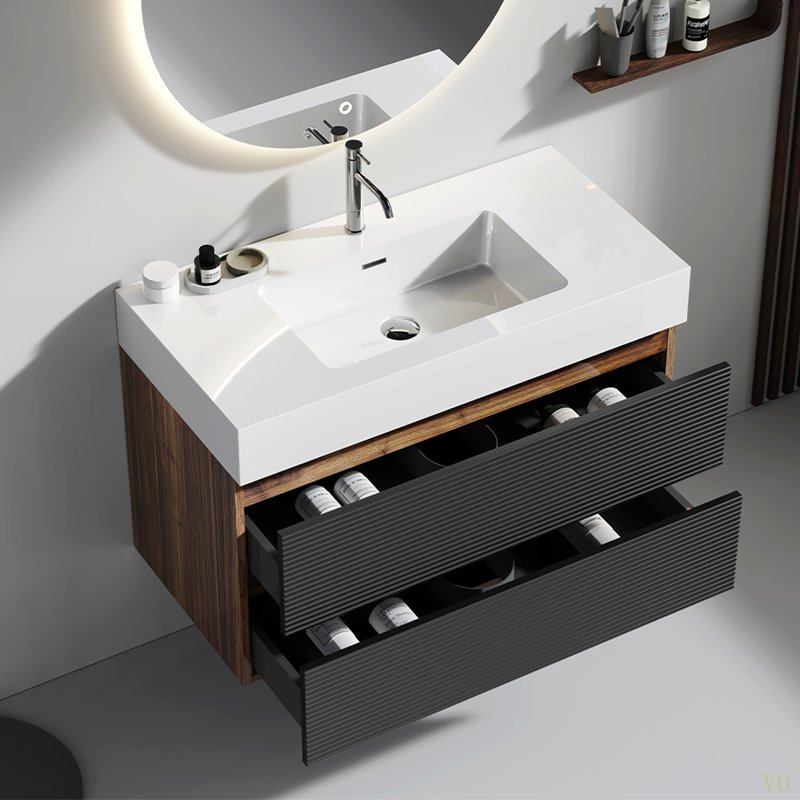 Meuble-lavabo de 36 po avec lavabo à surface solide brillante et tiroirs souples, meuble-lavabo mural flottant pour salle de bain moderne, lavabo une pièce sans drain ni robinet, KD