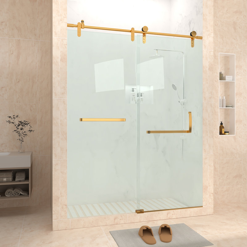 Porte de douche coulissante simple sans cadre de 56 à 60 po x H 76 po avec verre transparent, Doré