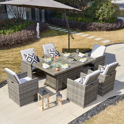 Moda 70 In. X 39 In. X 27 In. Rectangular Wicker Outdoor Gas Fire Pits Dining Setx