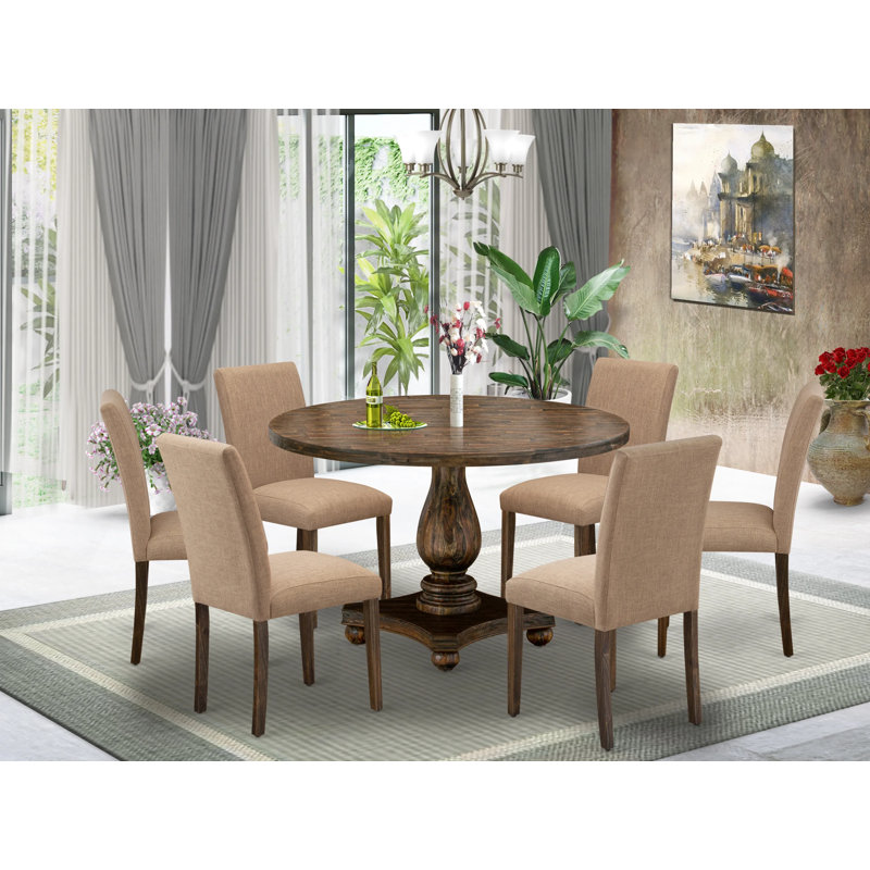 7 Piece Dining Set Consist of a Round Dining Room Table with Pedestal and 6 Light Sable Linen Fabric Upholstered Parson Chairs, Distressed Jacobean