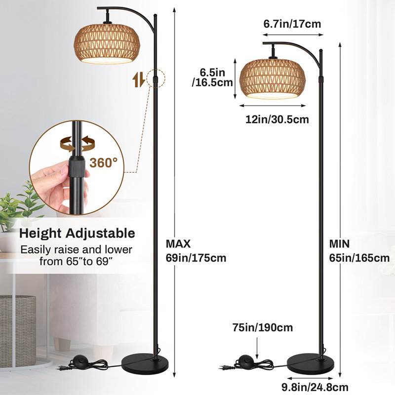 Rattan Floor Lamp Boho Standing Lamp with Remote Control Dimmable