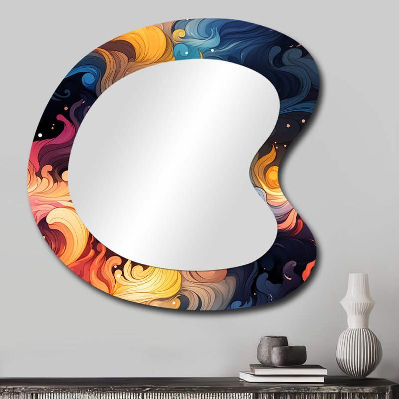 Evienne Celestial Concealment Ripple - forme abstraite, miroir mural unique, grand miroir asymétrique jaune, impression sur métal