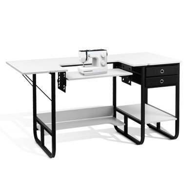 Table de machine à coudre pliable avec plateforme réglable, tablette de rangement et 2 tiroirs en tissu - Blanc