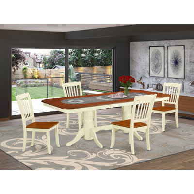 L'ensemble de salle à manger 5 pièces comprend une table de salle à manger rectangulaire avec rallonge papillon et 4 chaises en bois, babeurre et cerisier de 40 po x 78 po