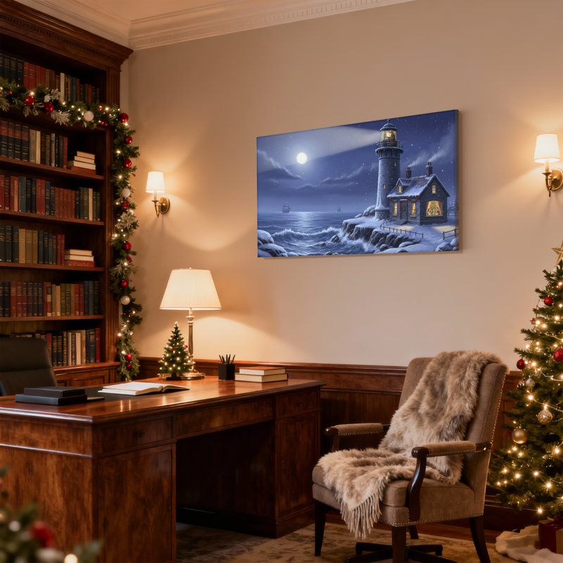 Phare de Noël nuit d'hiver, ensemble de 3 reproductions d'art sur toile, H 16 po x l 24 po